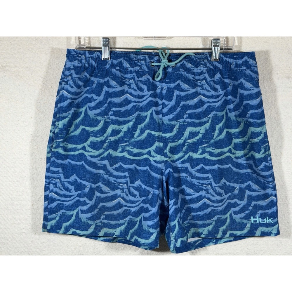 Huk Swim Trunks Mens Large Blue Wave Print Stretch Beach Coastal Surfwear